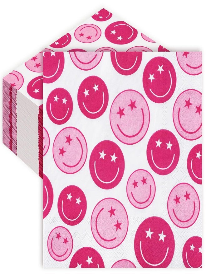 وولاين مجموعة من 80 منديل ورقي أنيق من والين، مقاس 6.5 × 6.5 بوصة، مزينة برسومات وجوه مبتسمة، لون وردي فاقع، مناسبة لحفلات العشاء، وحفلات المدرسة، وحفلات الهيبيز، وتزيين الطاولات. - Image 1